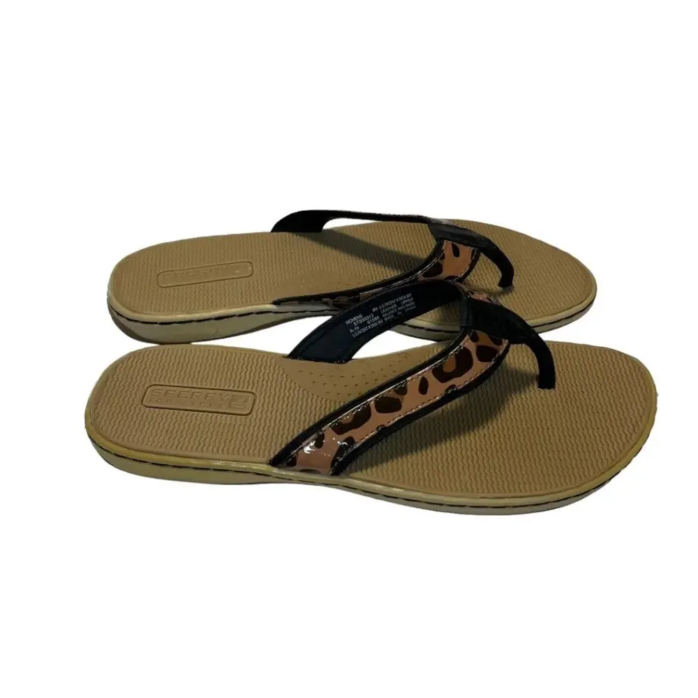 Sperry Top Sider Leather Flip Flop Sandals Tan Black Leopard Print Size 8m Comfy